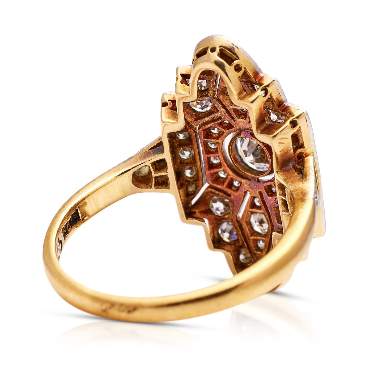 Art Deco diamond navette engagement ring, rear view.