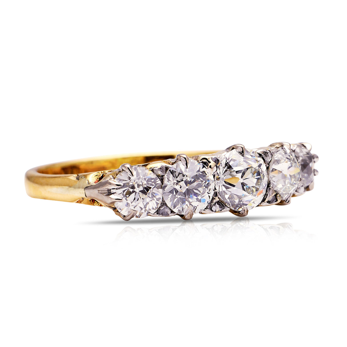 Victorian five-stone diamond engagement ring, side view.