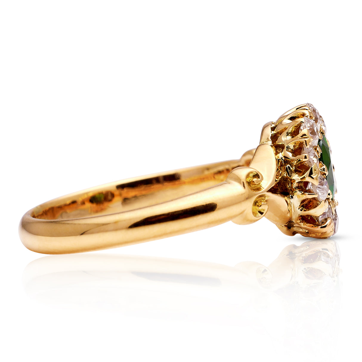 Edwardian, demantoid garnet and diamond cluster ring, side view.