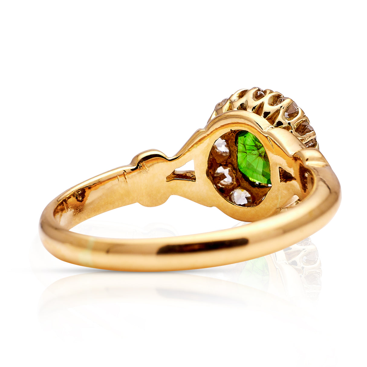 Edwardian, demantoid garnet and diamond cluster ring, rear view.