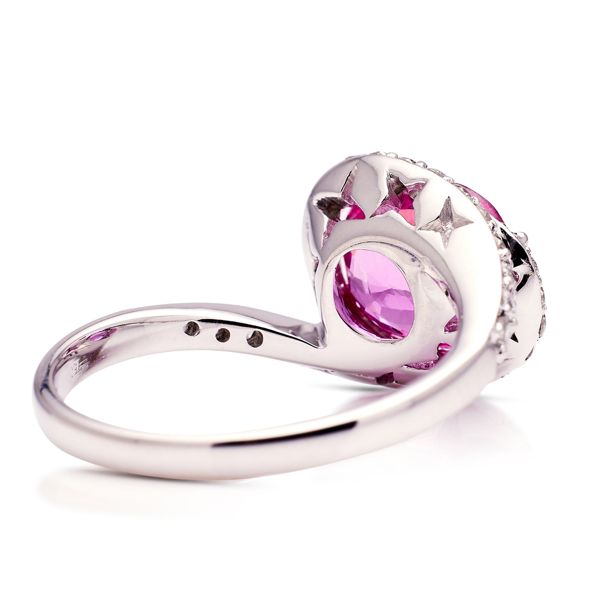 Pink sapphire and diamond engagement ring, rear view.