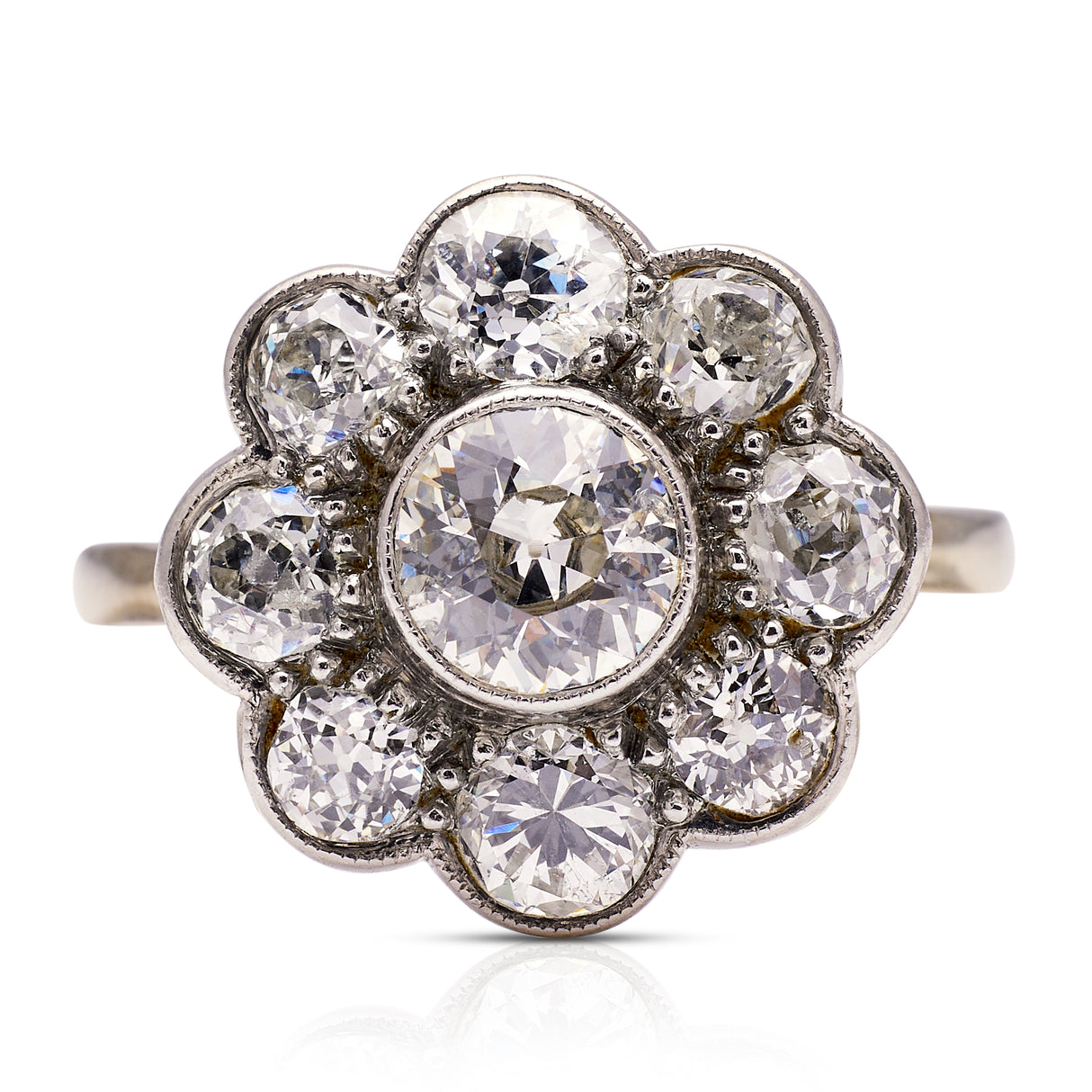 Diamond daisy cluster ring, front view.