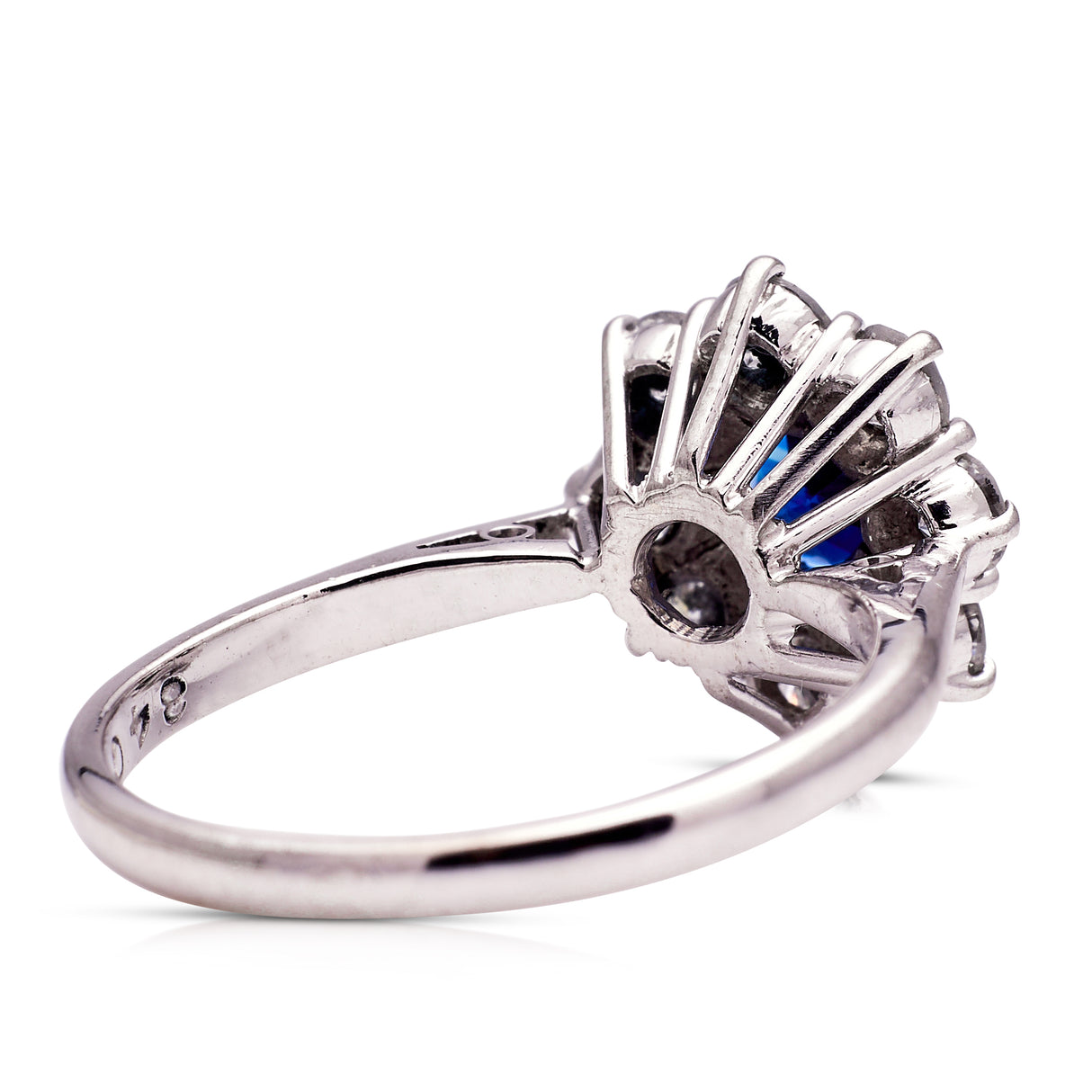 sapphire and diamond cluster engagement ring, rear view.