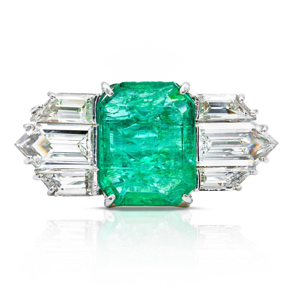 Vintage emerald and diamond engagement ring, front view.