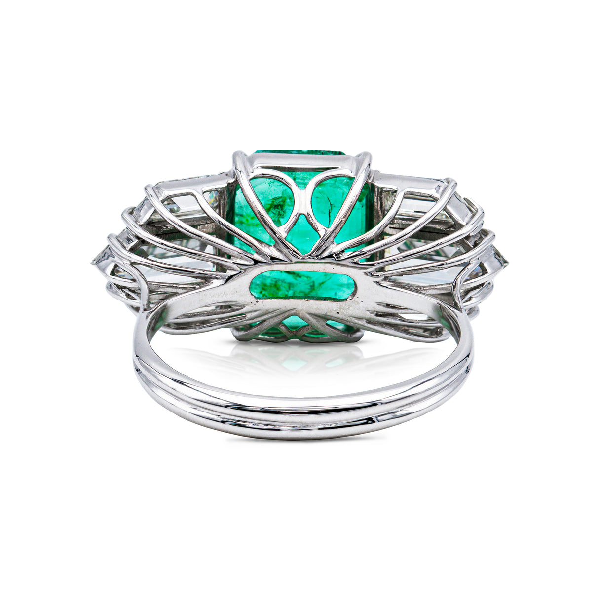 Vintage emerald and diamond engagement ring, rear view.