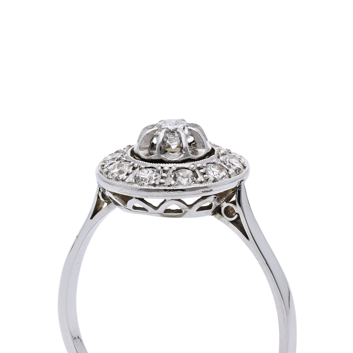 Art Deco diamond cluster engagement ring, side view.