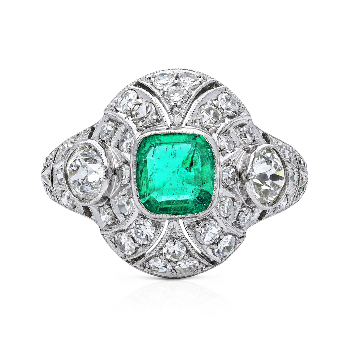 ANTIQUE-ART-DECO-PLATINUM-COLOMBIAN-EMERALD-DIAMOND-CLUSTER-RING