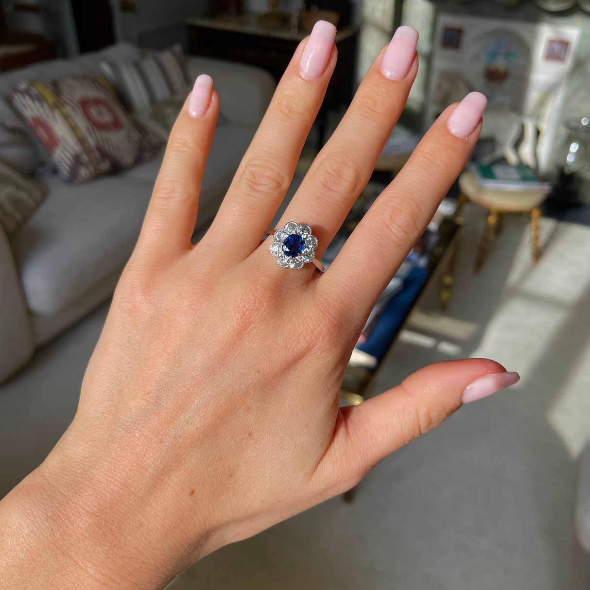 1920s Art Deco sapphire & diamond cluster engagement ring
