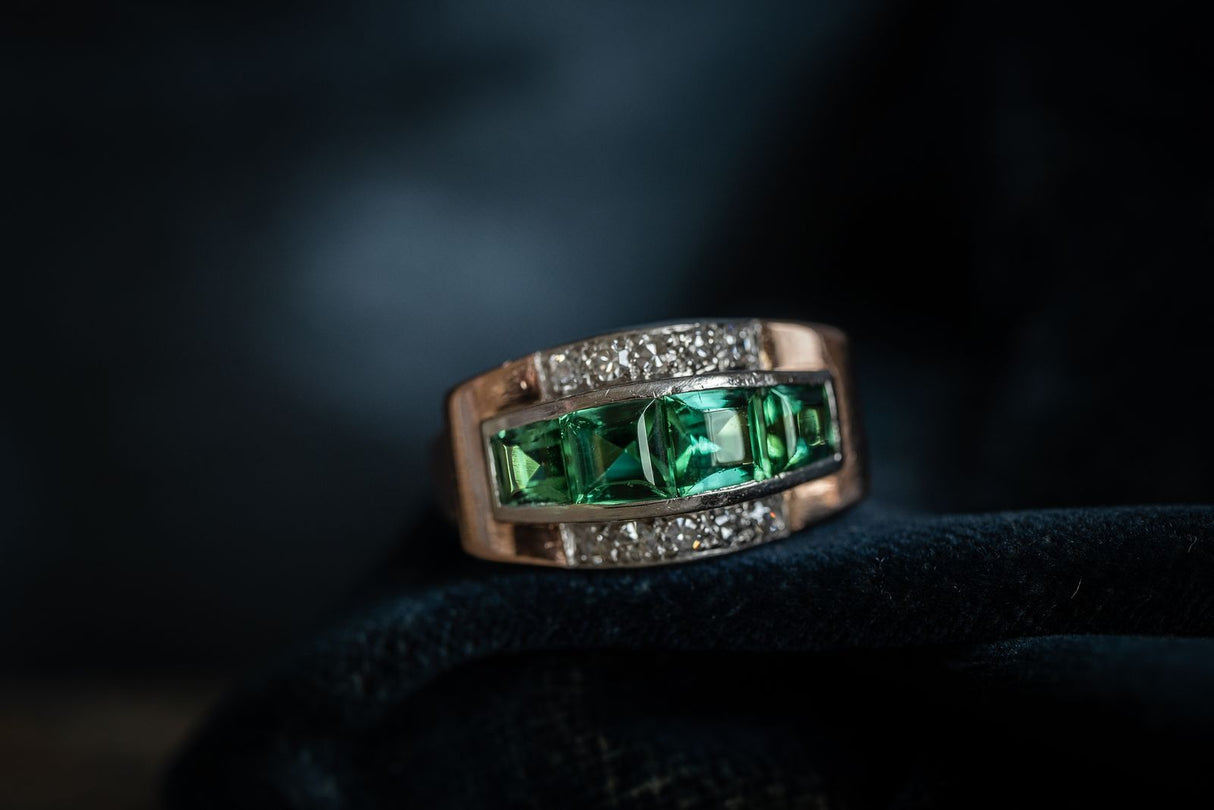 1930s, 14ct Rose Gold, Tourmaline and Diamond Ring