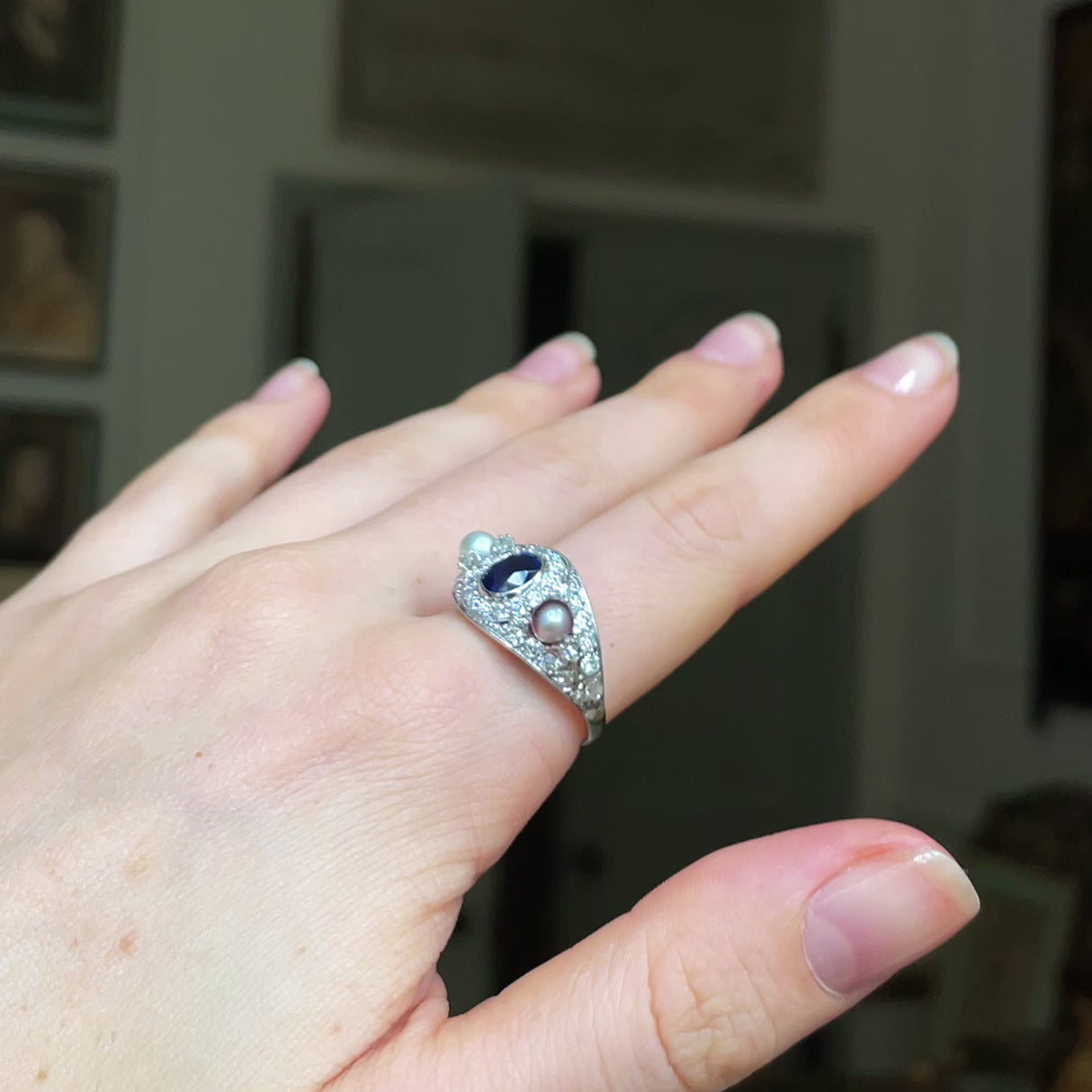 Antique sapphire & diamond & natural pearl cocktail ring