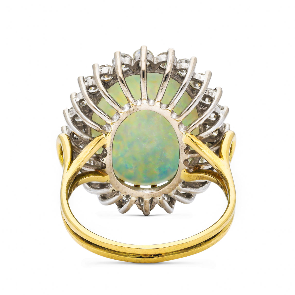 Vintage white Australian opal and diamond ring, rear view.