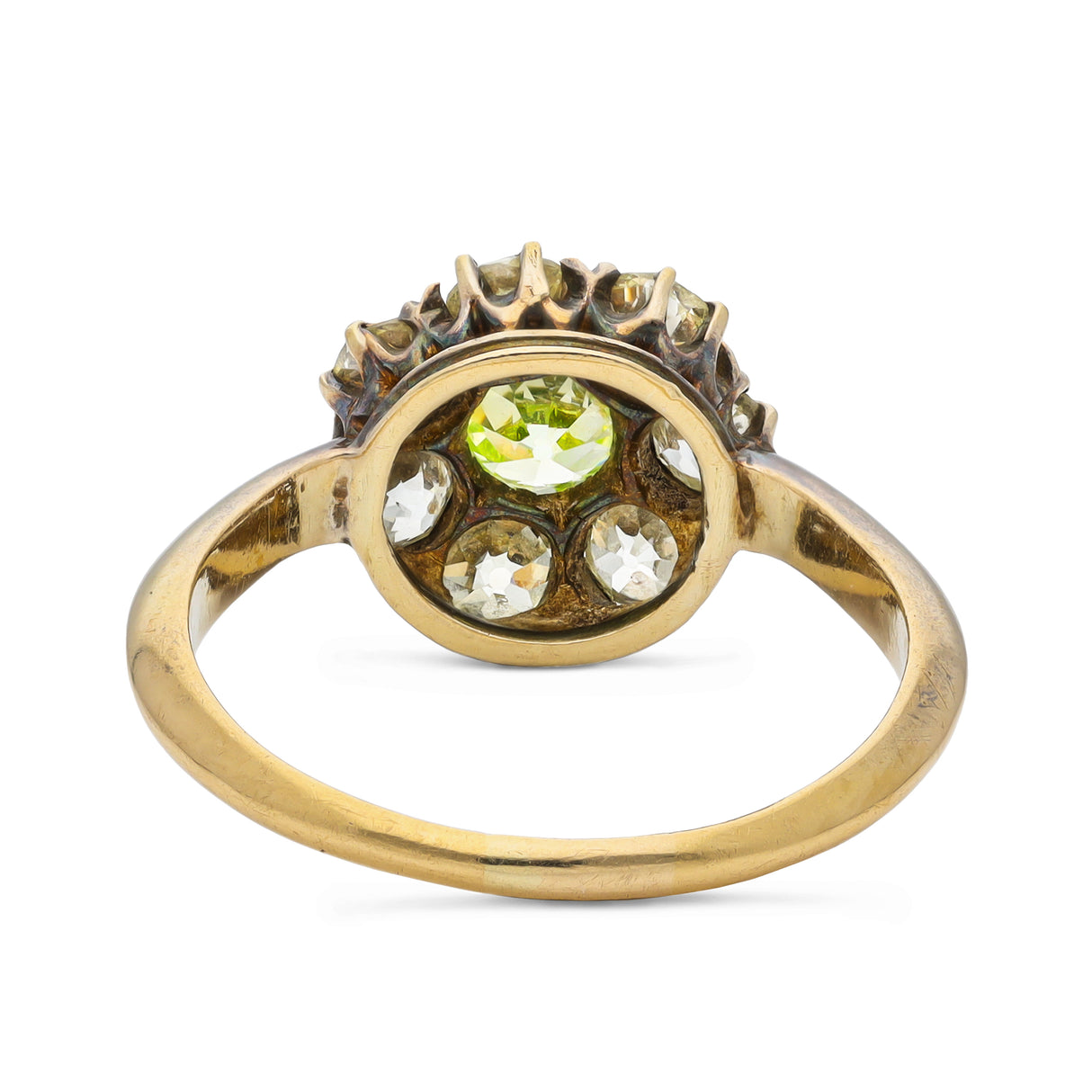 Antique green-yellow diamond cluster engagement ring