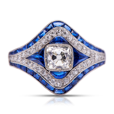 Vintage, Art Deco Sapphire and Diamond Ring, Platinum front view