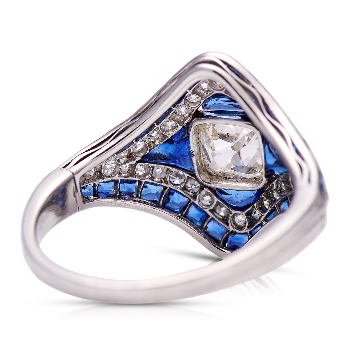 Vintage, Art Deco Sapphire and Diamond Ring, Platinum rear view
