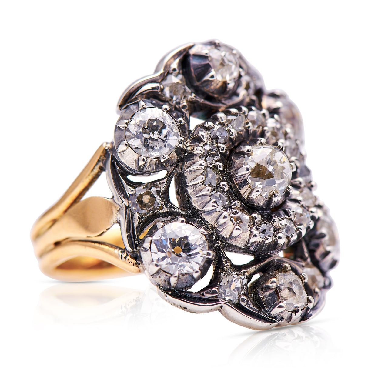 Antique, Portuguese 19th century diamond ring, 18ct yellow gold and silver