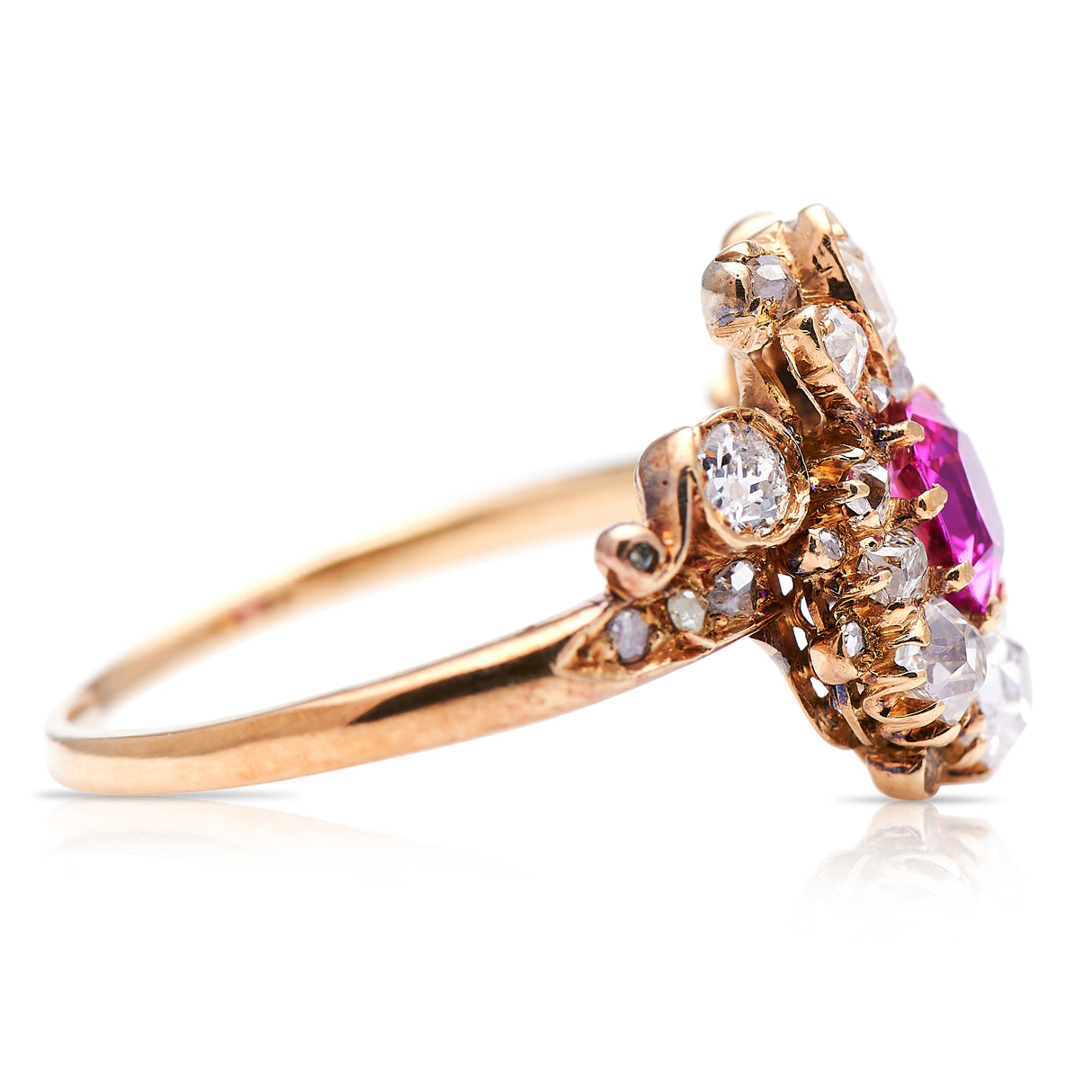 Antique Engagement Rings | Antique Ring Boutique | Vintage Engagement Rings | Antique Engagement Rings | Antique Jewellery company | Vintage Jewellery Belle Époque, 18ct Gold, Pink Sapphire and Diamond Fancy Cluster Ring