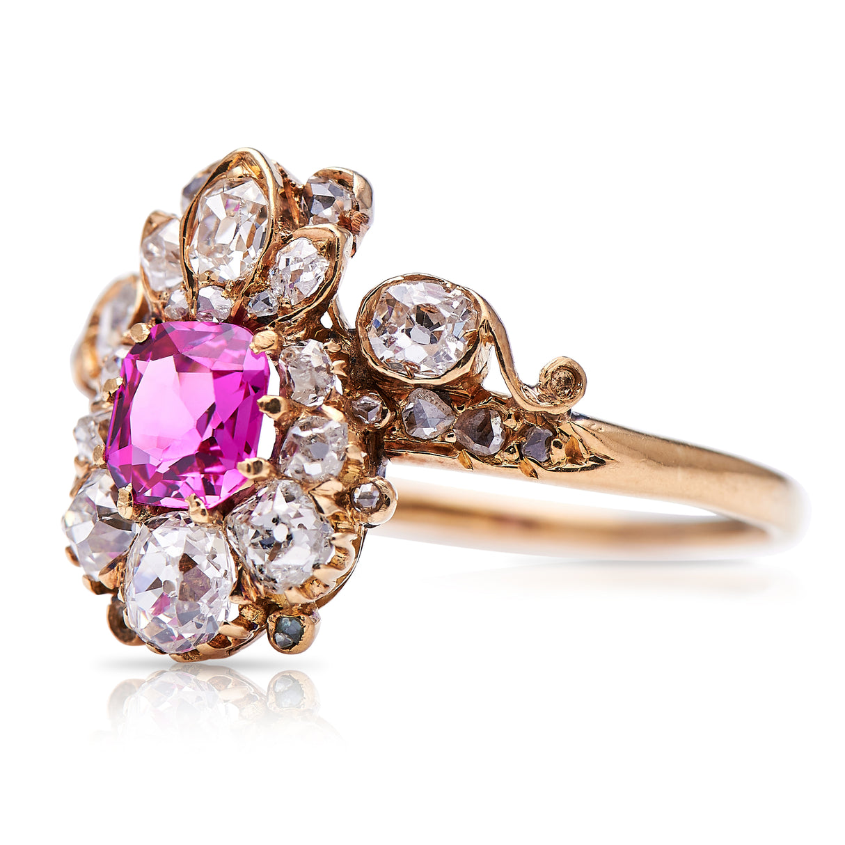 Antique Engagement Rings | Antique Ring Boutique | Vintage Engagement Rings | Antique Engagement Rings | Antique Jewellery company | Vintage Jewellery Belle Époque, 18ct Gold, Pink Sapphire and Diamond Fancy Cluster Ring
