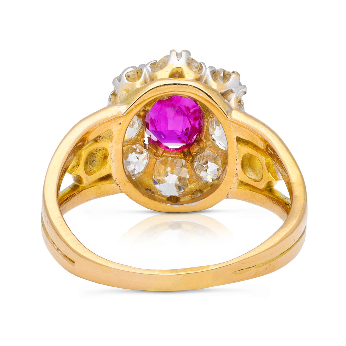 Edwardian oval Burmese pink sapphire & diamond engagement cluster ring