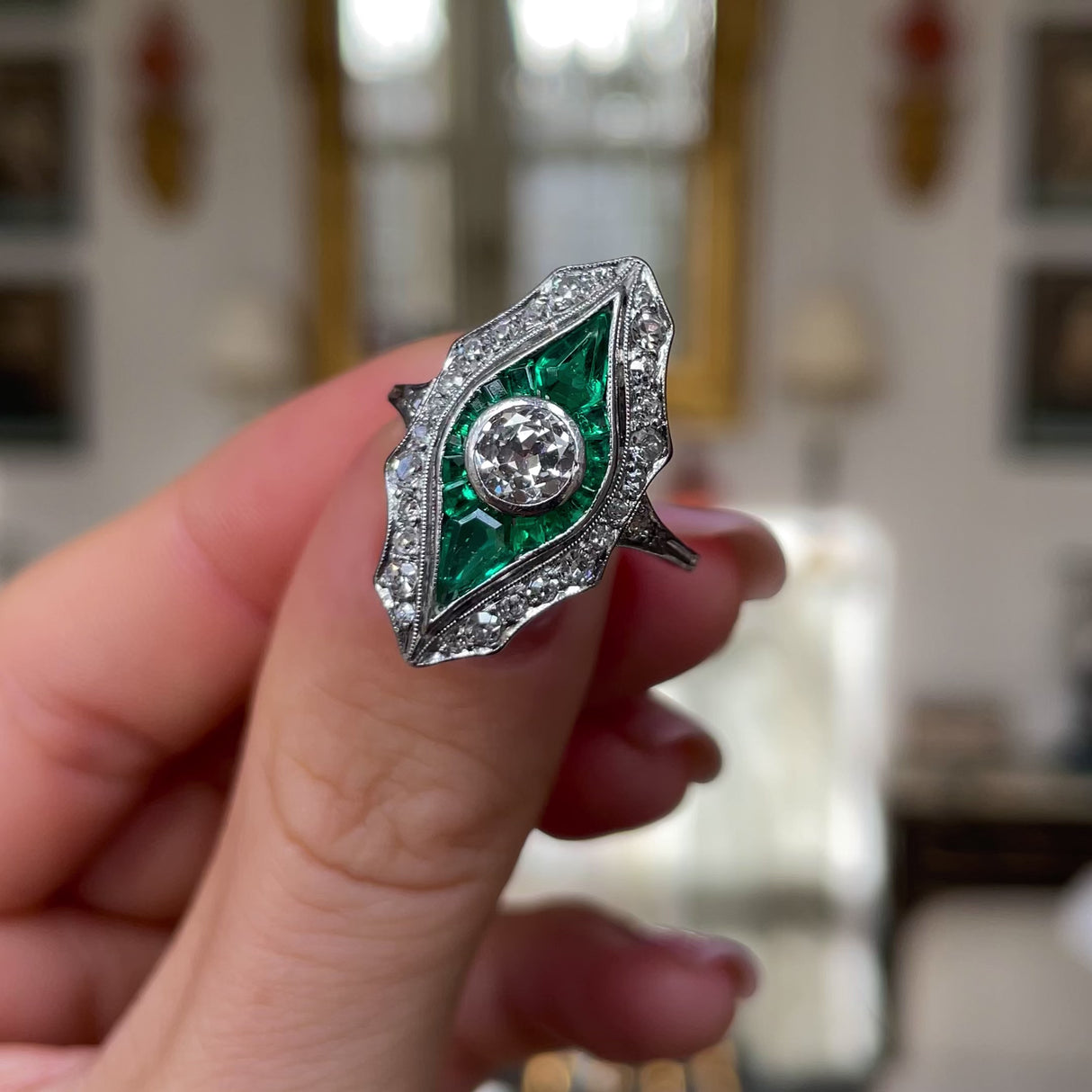 Art Deco emerald & diamond ring, platinum