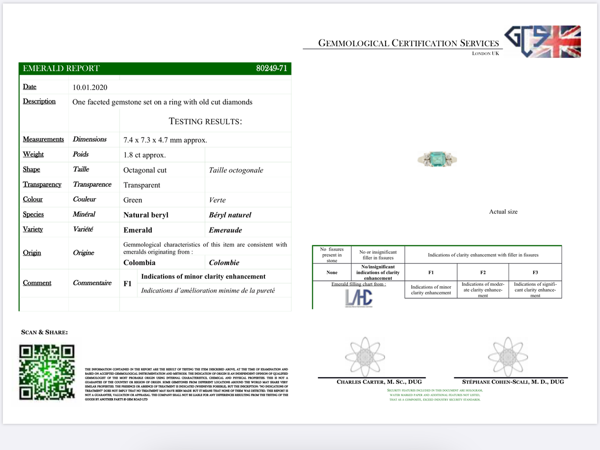 Art Deco, 14ct white gold, Colombian emerald and diamond ring