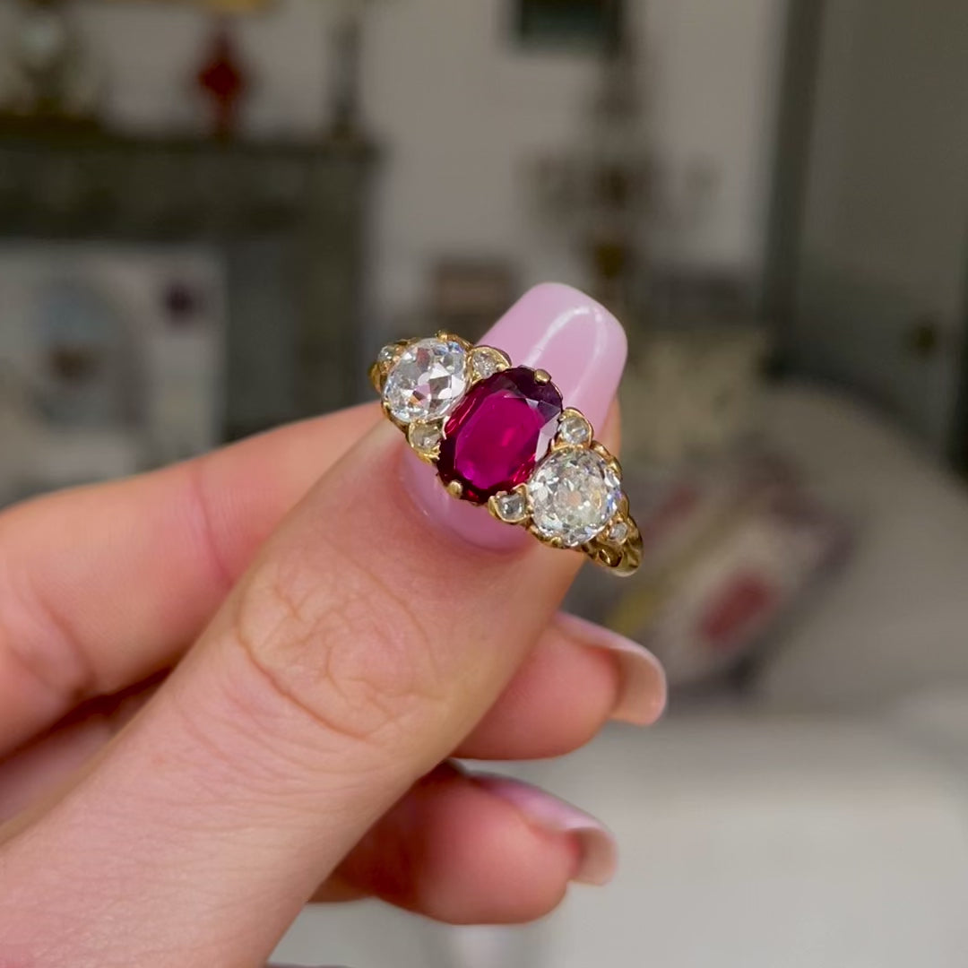 Victorian | a stunning ruby & diamond three-stone ring, 18ct gold