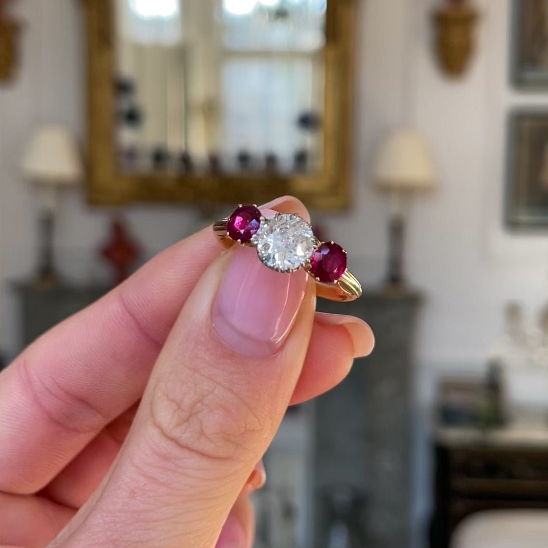 Edwardian, French, diamond & ruby three-stone ring
