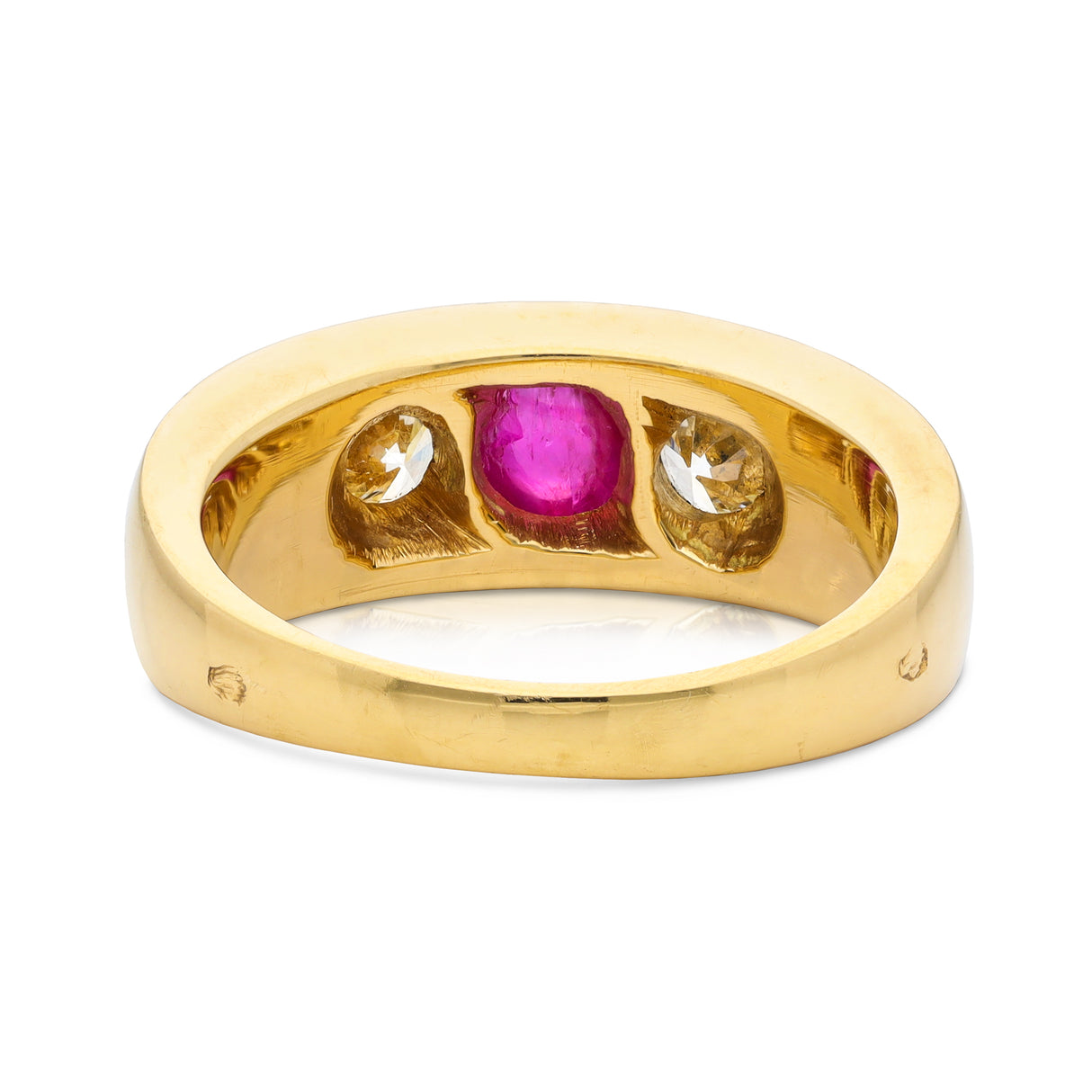 French cabochon ruby and diamond gypsy three stone ring, 18ct yellow gold