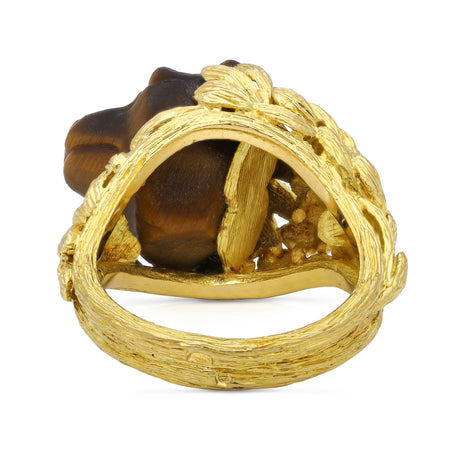 Unusual tiger's eye honey bear and yellow gold ring, rear view.