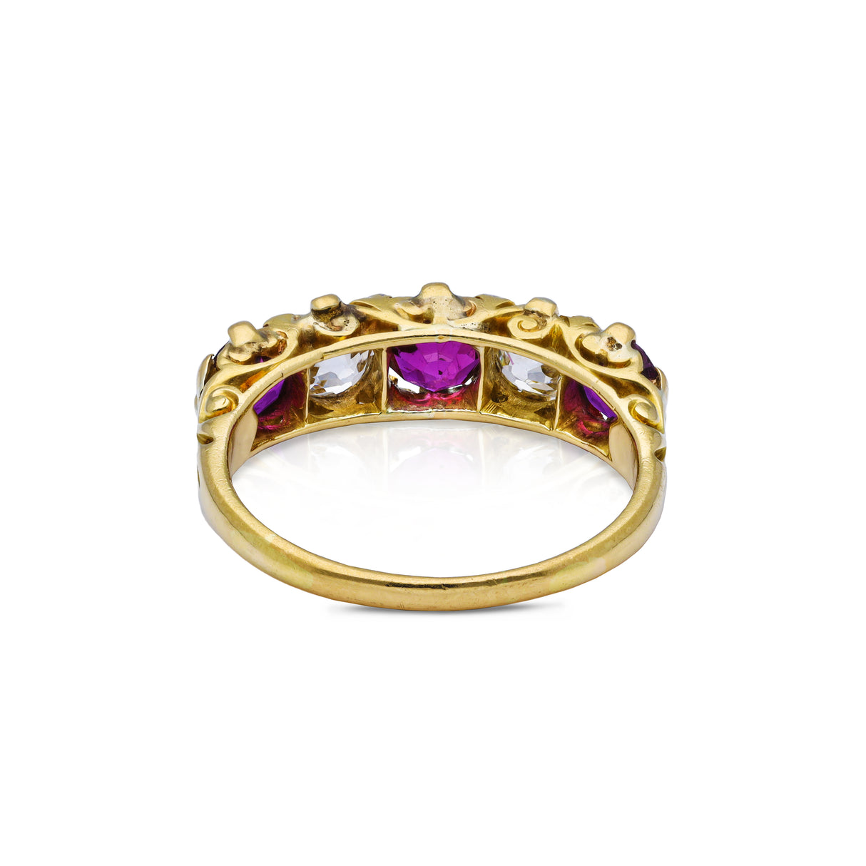 Antique, Edwardian five stone ruby and diamond ring, rear view. 