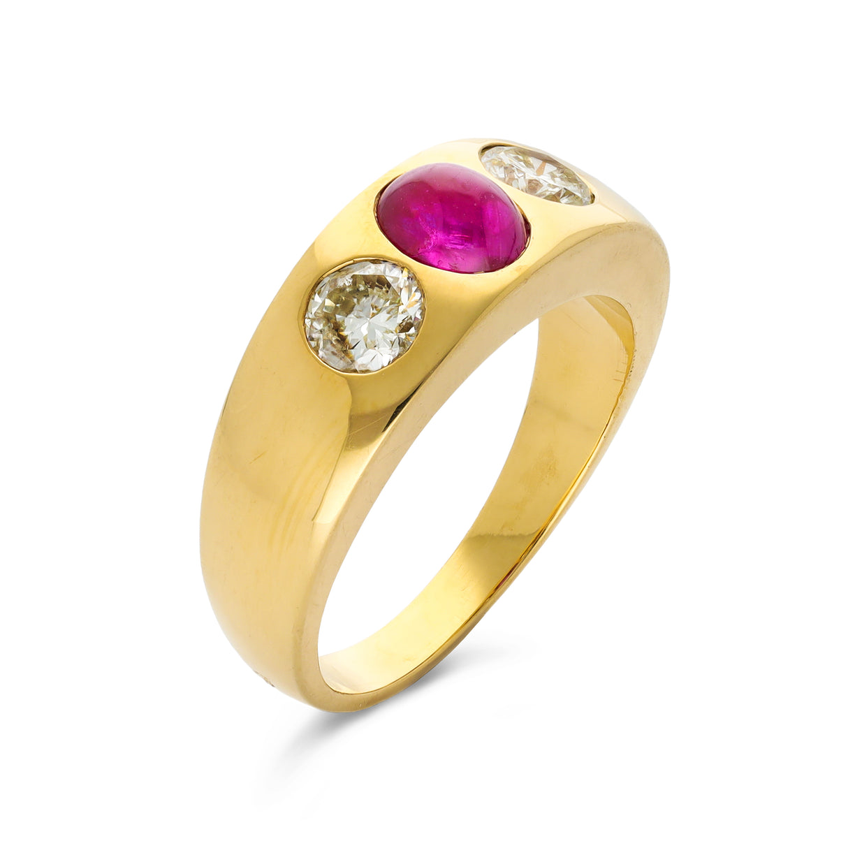 French cabochon ruby and diamond gypsy three stone ring, 18ct yellow gold