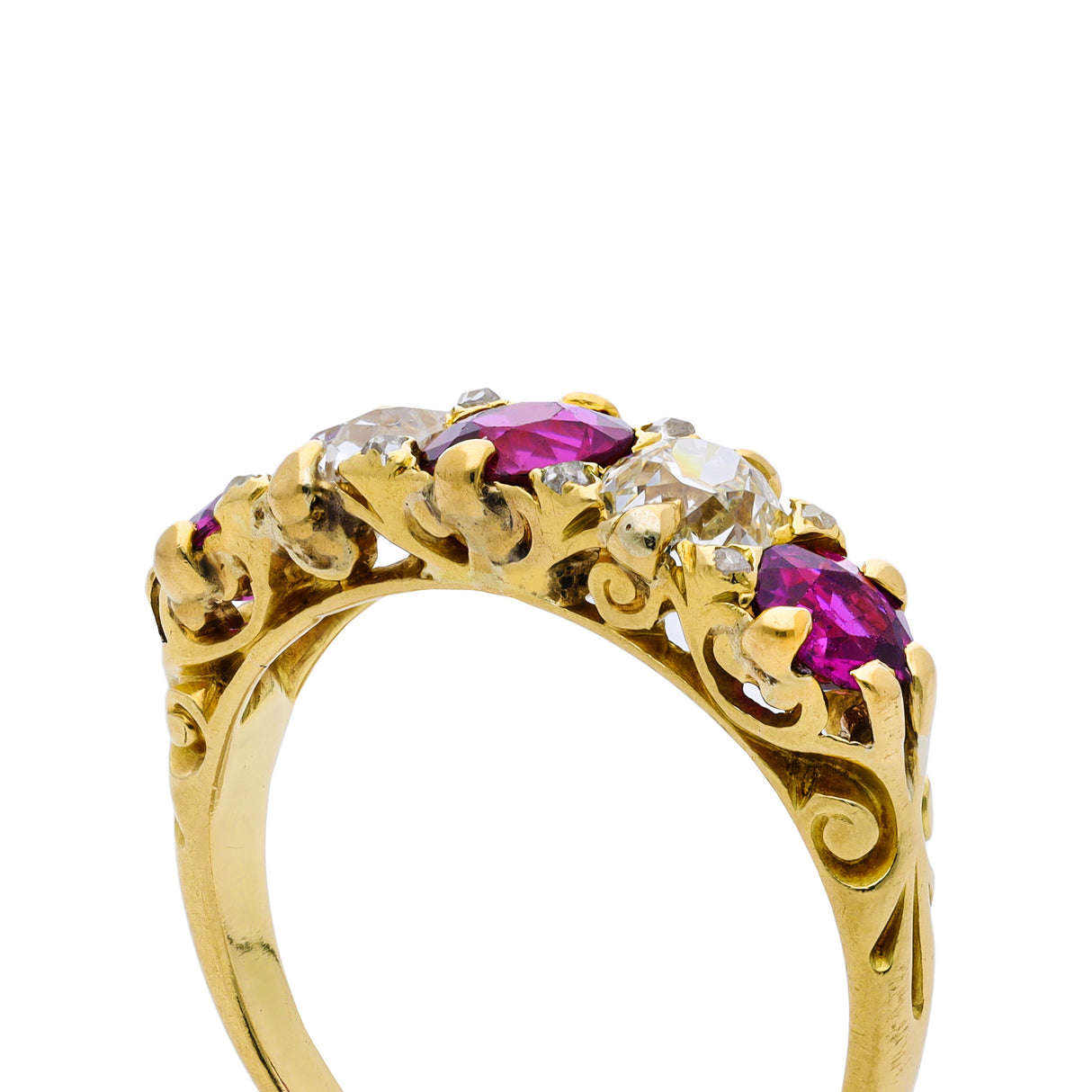 Antique, Edwardian five stone ruby and diamond ring, side view.