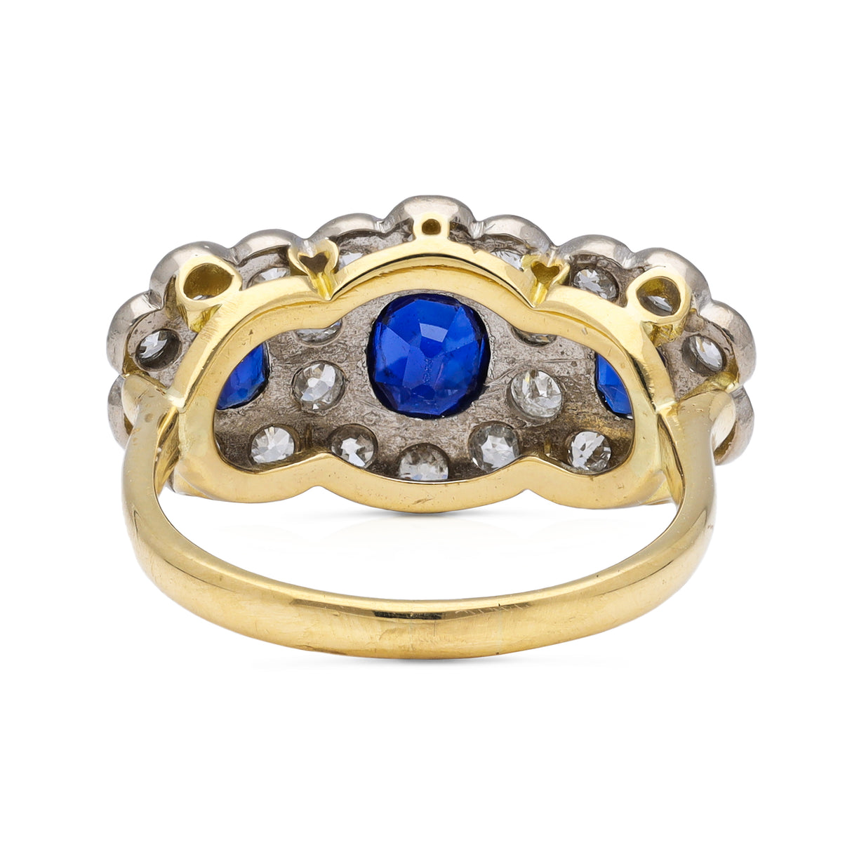 Antique sapphire and diamond triple cluster ring, rear view.