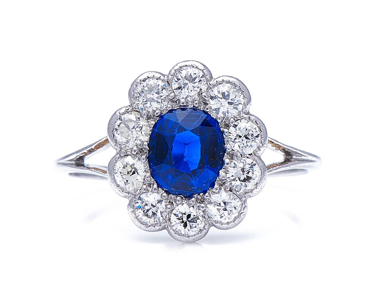 Art Deco, platinum, Tiffany & co. sapphire and diamond cluster ring, original box