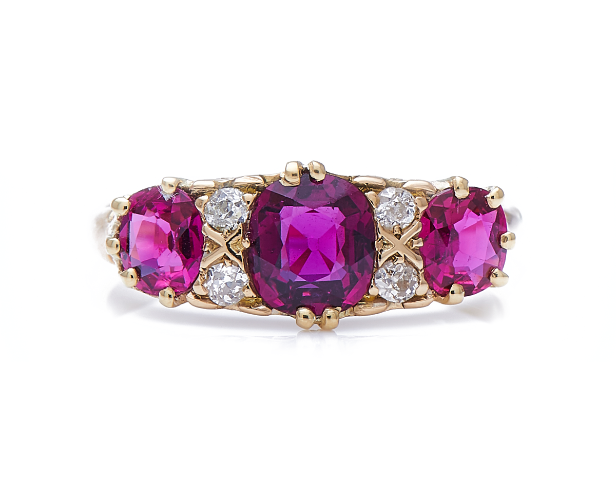 Antique Victorian, 18ct gold, natural ruby and diamond three stone ring