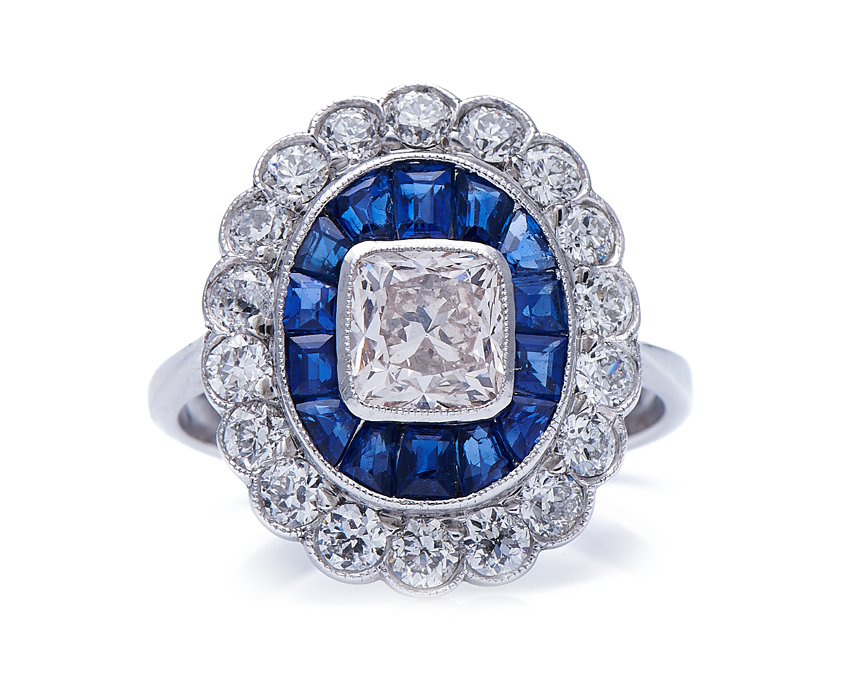 Vintage, 18ct White Gold, Diamond and Sapphire Cluster Ring | Antique Rings | Antique Ring Boutique | Vintage Engagement Rings