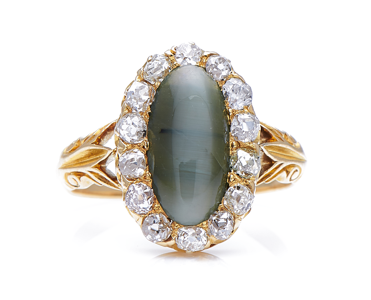 Antique Victorian, 18ct gold, cat's eye and diamond cluster ring