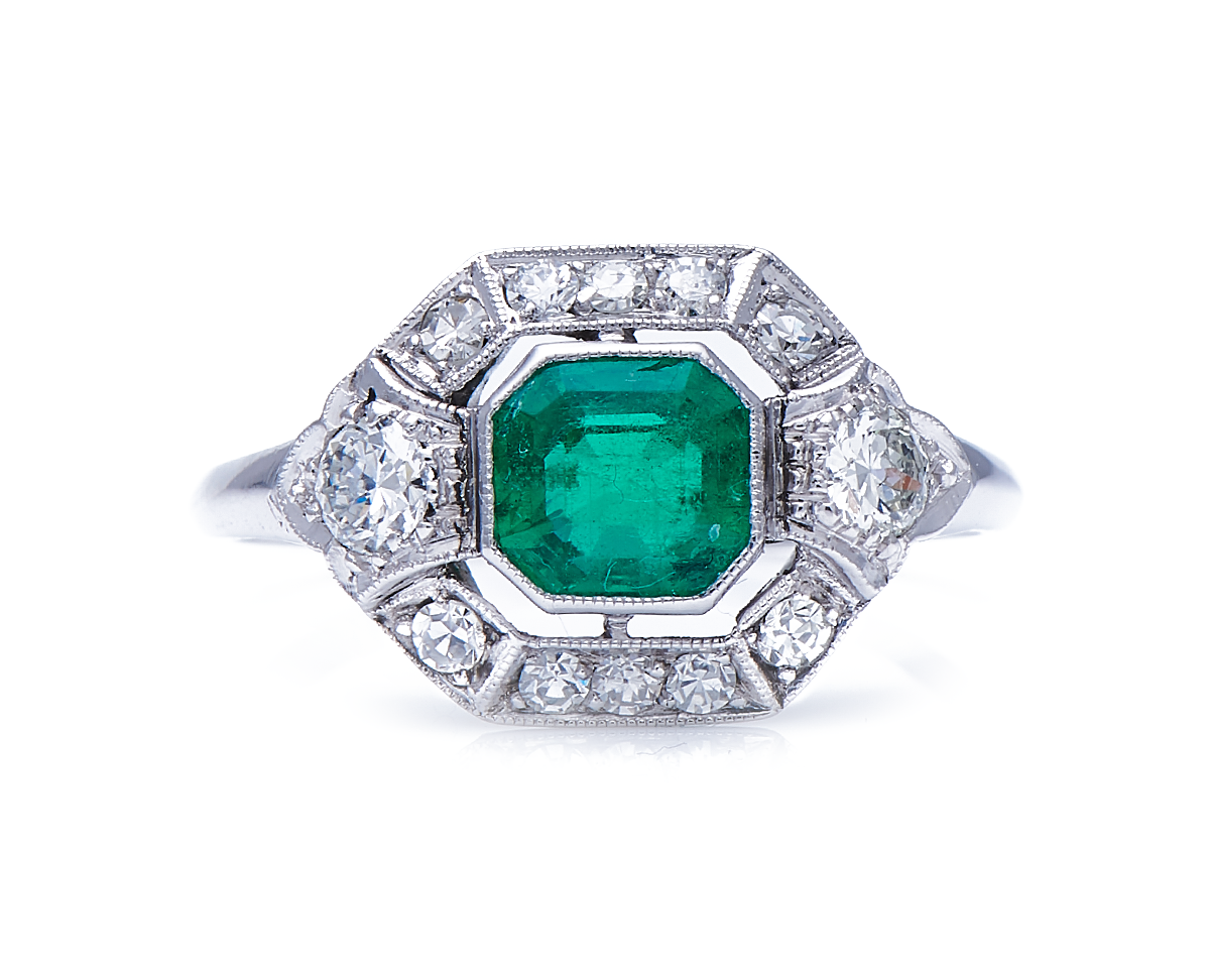 Antique, Art Deco, platinum, 18ct white gold, emerald and diamond cluster ring