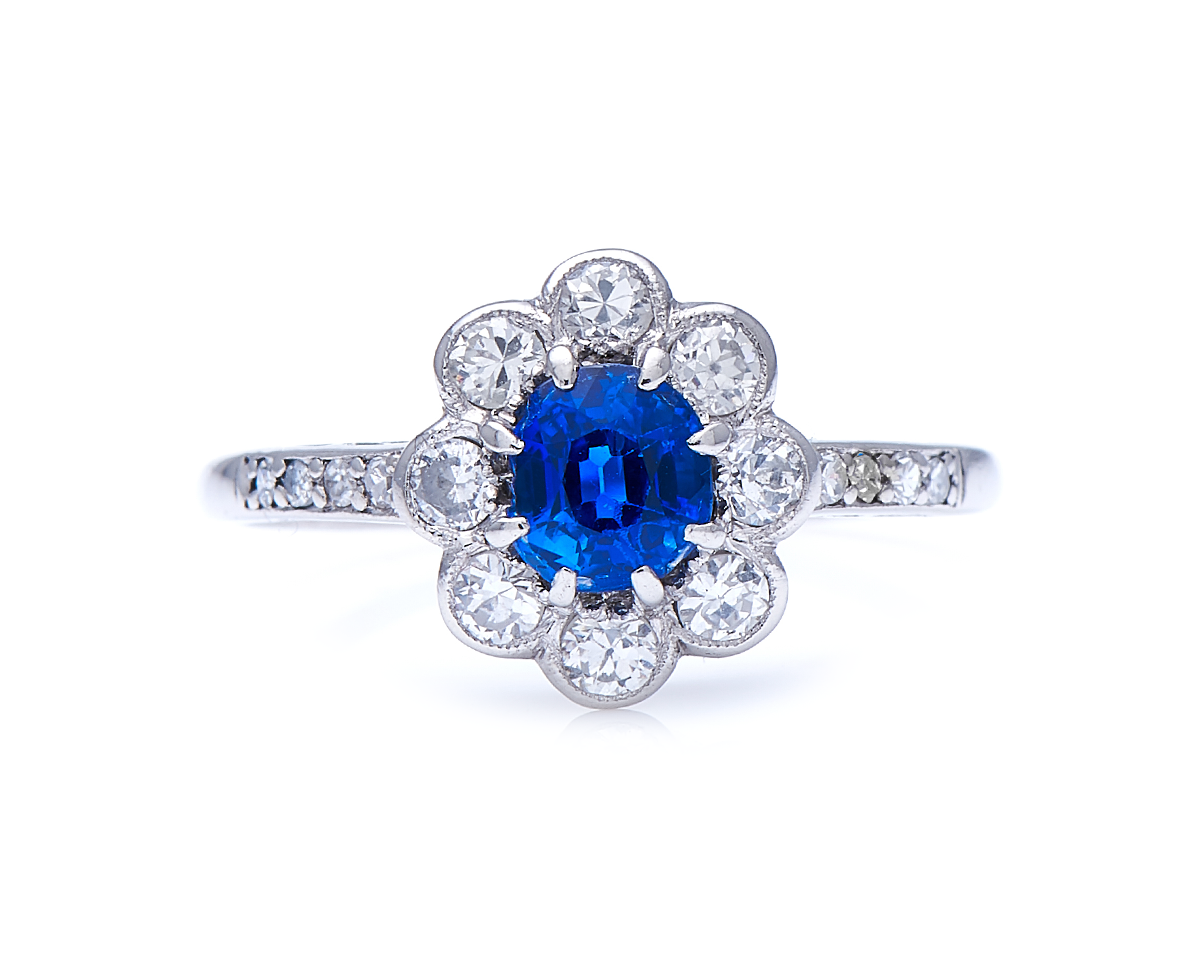 Antique, Art Deco, platinum, sapphire and diamond cluster ring