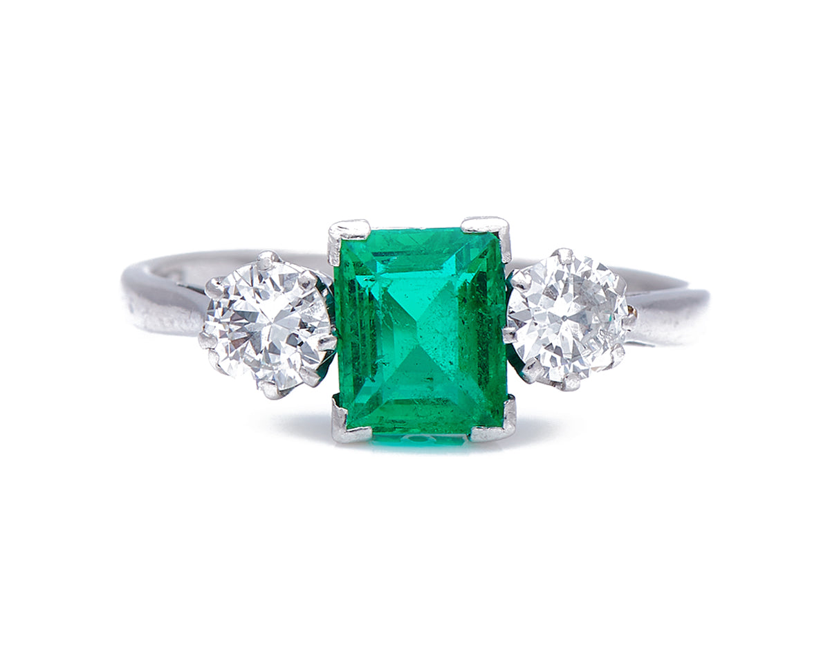Art Deco, 1930's, 18ct White Gold, Platinum, Colombian Emerald and Diamond Ring |Antique Ring Boutique | Sustainable Antique Rings | Rare Antique Rings | Bespoke Untreated Vintage Antique Rings