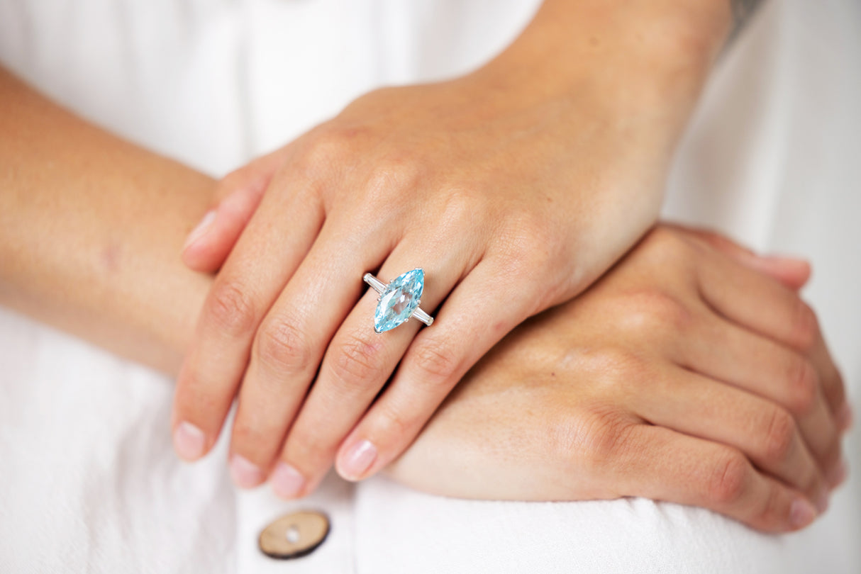 1940s, platinum, marquise aquamarine and diamond ring
