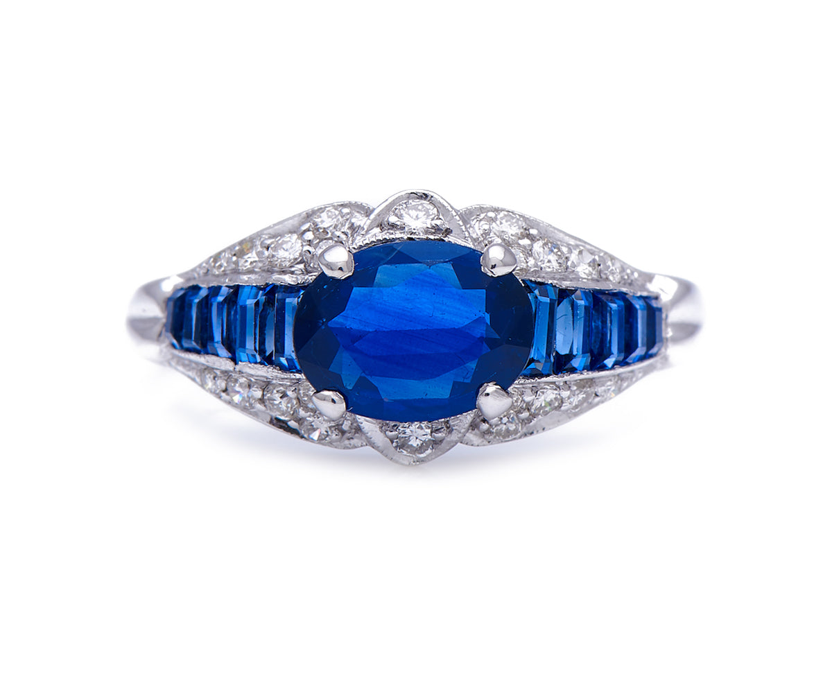 Mid century, French, 1940s, sapphire and diamond engagement ring