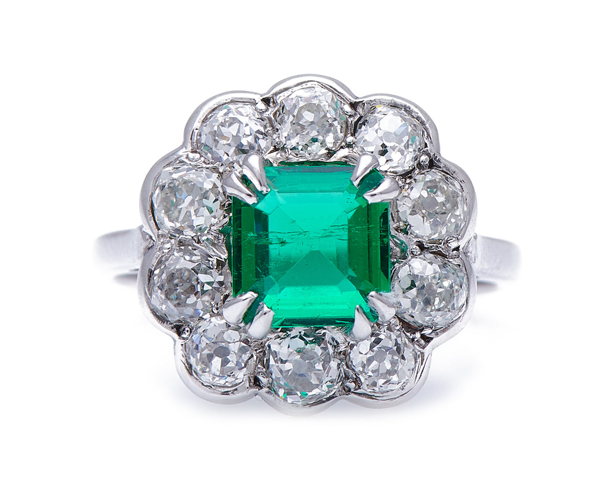 Mid century, 1940s, 18ct white gold, Colombian emerald and diamond cluster ring