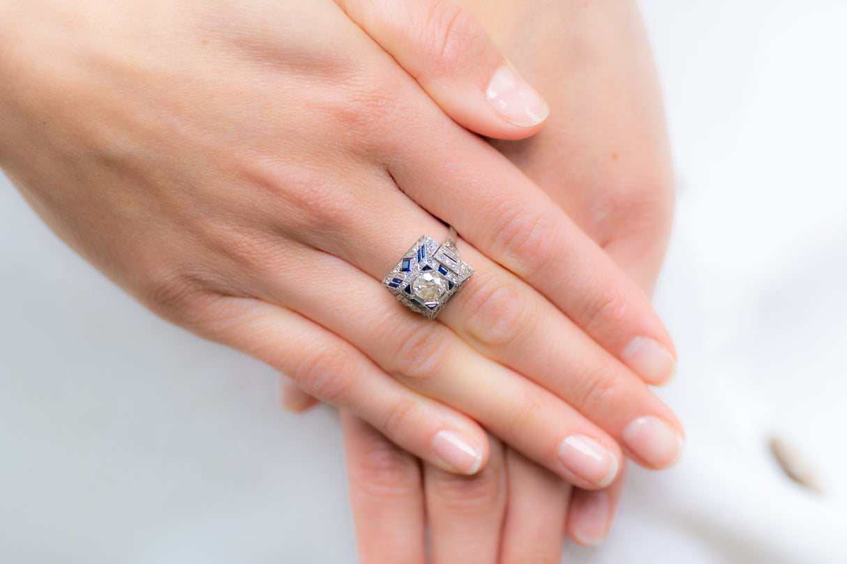 Art Deco, platinum, egyptian revival sapphire and diamond ring