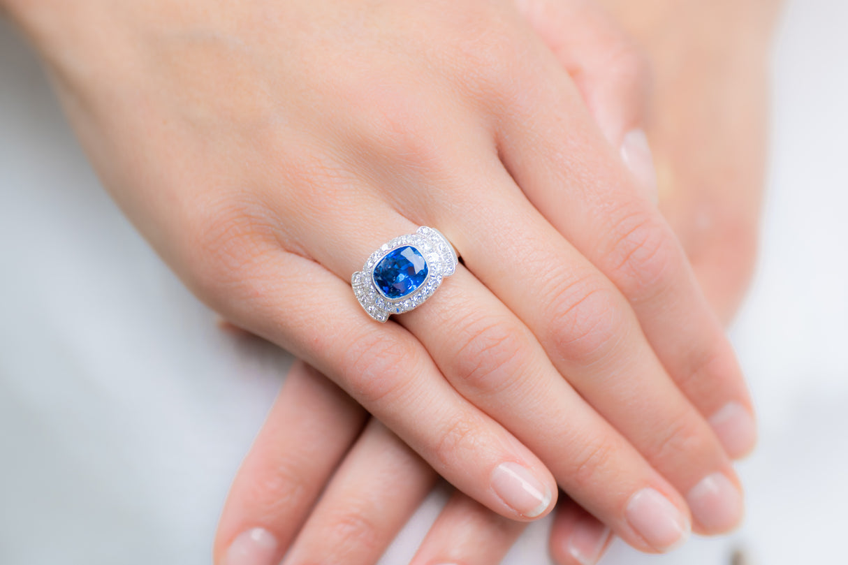 Art Deco, Austrian, 5ct Sapphire and Diamond Cluster Ring | Antique Rings | Antique Ring Boutique | Vintage Engagement Rings | Antique Engagement Rings | Antique Jewellery Company | Vintage Jewellery
