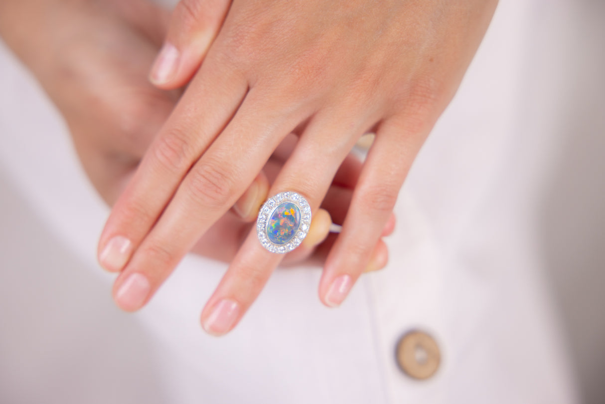 Art Deco | black opal and diamond cluster ring