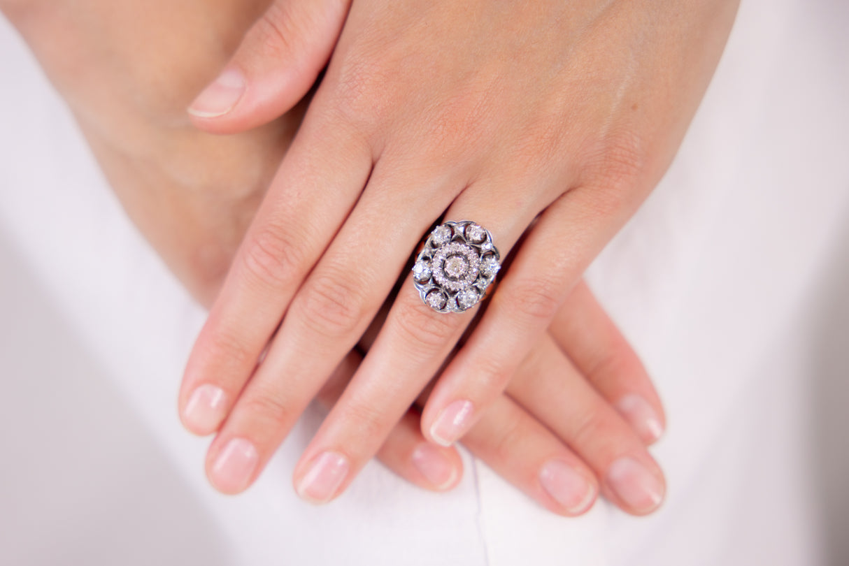 Antique, Portuguese 19th century diamond ring, 18ct yellow gold and silver