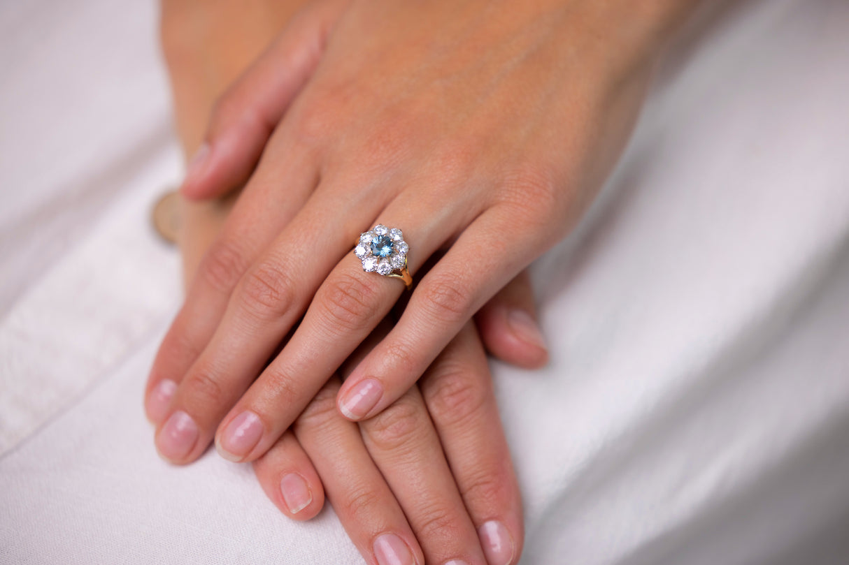 Engagement | a vintage aquamarine and diamond cluster ring, 18ct gold