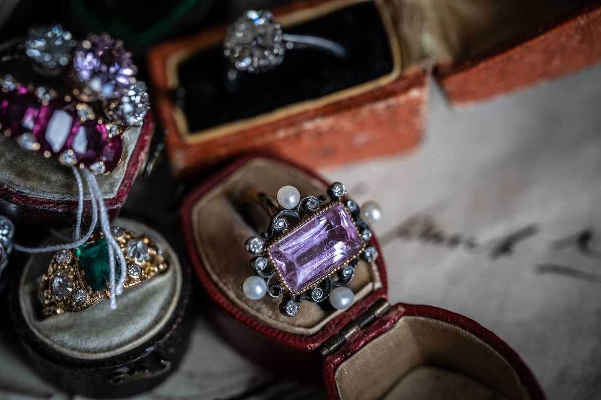 Belle Époque, 18ct gold, pink topaz, pearl and diamond ring