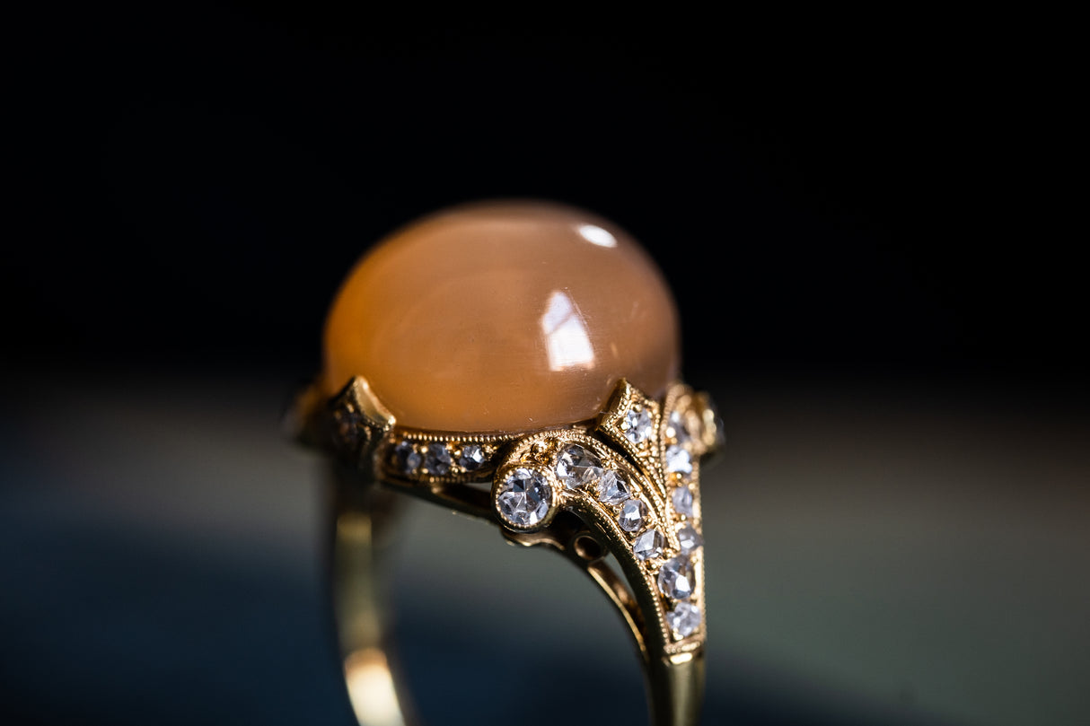 Belle Époque, cabochon peach moonstone & diamond ring
