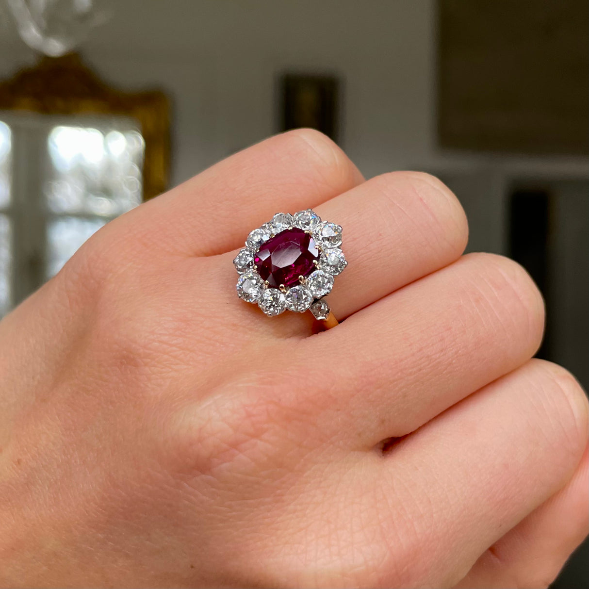 Antique, French, ruby & diamond cluster engagement ring